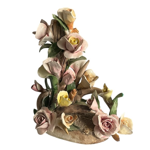 CAPODIMONTE Italian Porcelain Floral Arrangement Pink & Yellow Brown Bark